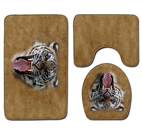 3 Teilig Badematte Set Brauner Tiertiger 3D Badematten Set rutschfest, Badezimmerteppich,U-förmiger WC-Vorleger,WC…