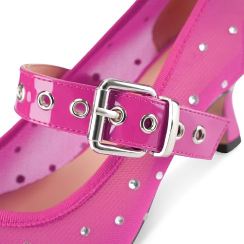 Image of Women's Mesh Closed Pointed Toe Heels Rhinestone Ankle Strap Buckle Kitten Heeled Mary Jane Pumps Dressy Prom Wedding Sandals Shoes 2 inch