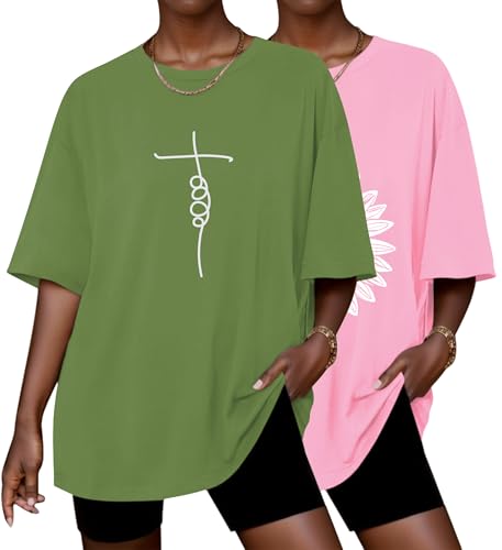 Image of Ekouaer 2 Pack Womens Tops Short Sleeve Oversized T Shirts Summer Spring Tops 2025 Basic Casual Tee Top S-XXL