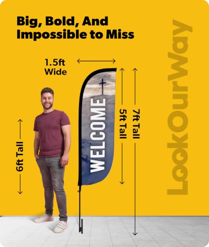 Image of LookOurWay Feather Flag Pole Kit - 7 Feet Tall Advertising Banner with Fiberglass Pole Set and Ground Spike for Business Promotion - Church Flags - Welcome