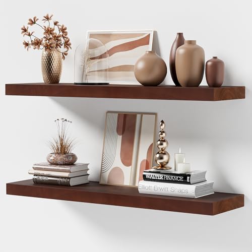 Marsmiles Floating Shelves for Wall - 36 Inch Wide x 8 Inch Deep Ash Wood Shelves Set of 2 - Rustic Floating Wood Shelves for Living Room Bedroom Bathroom