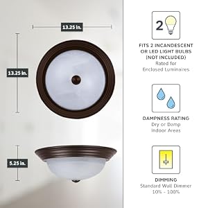 Designers Fountain 13 inch, Modern 2-Light Flush Mount Ceiling Light Fixture, Alabaster Glass Shade, for Bedroom, Hallway, Indoor Room Lighting, Durable Steel, Easy Install, Bronze, 1257M-ORB-AL — photo 4 of 6