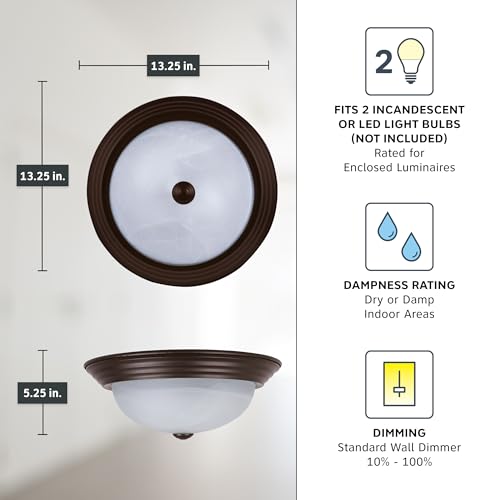 Designers Fountain 13 inch, Modern 2-Light Flush Mount Ceiling Light Fixture, Alabaster Glass Shade, for Bedroom, Hallway, Indoor Room Lighting, Durable Steel, Easy Install, Bronze, 1257M-ORB-AL