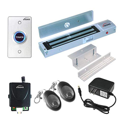 Visionis VS-7458 One Door Access Control Inswinging Door 600lbs Electromagnetic Lock Kit with Wireless Receiver and Remote Magnetic Lock System with VIS-7005 LED Push to Exit Button