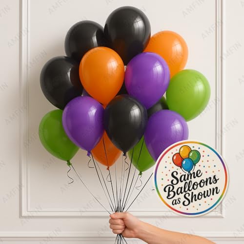 Image of AMFIN (Pack of 50) Halloween Party Balloons | Orange, Black, Purple & Green Latex Balloons | Spooky Party Decorations for Birthday, Halloween, Events & Celebrations