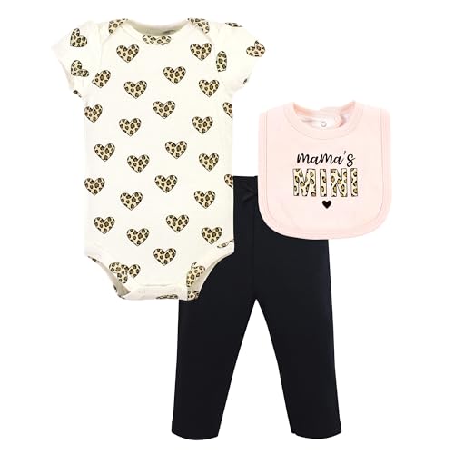 Image of Hudson Baby Unisex Baby Cotton Bodysuit, Pant and Bib Set, Leopard Hearts, 0-3 Months