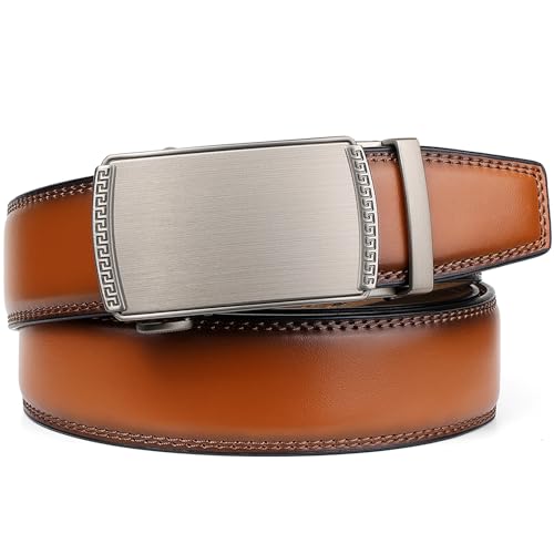 Image of Drowsmen Leather ratchet belt 1 3 /8 inch with Click Sliding Automatic Buckle, Adjustable belt Trim to Fit