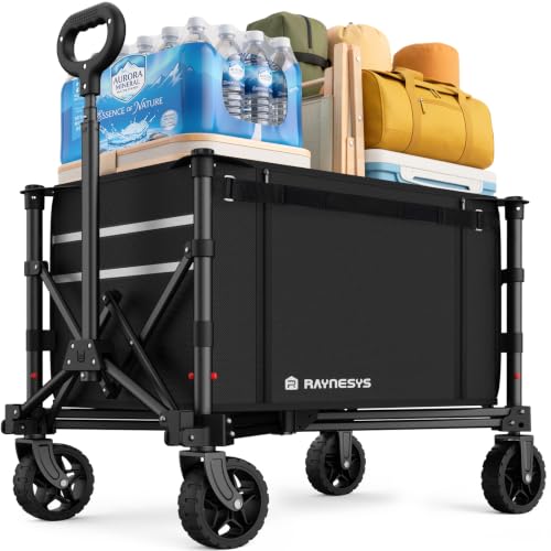 Raynesys 3 in 1 Collapsible Wagon Converts to Bench, 220lbs Foldable Wagon Cart with Wheels, 120L Shopping Cart for Groceries Folding Utility Wagon for Beach, Garden, Camping, Sport, Black