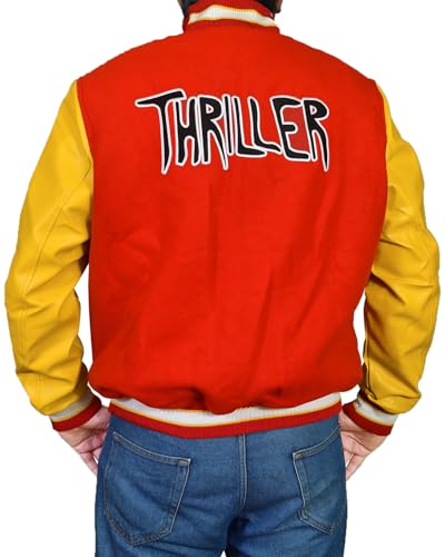 Thriller MJ Jacket - Red Wool Yellow Leather Varsity Letterman Bomber Jacket4