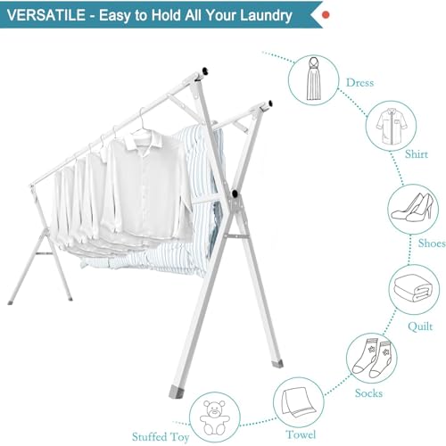 Image of 95 Inches Clothes Drying Rack, Drying Rack Clothing Folding Indoor Outdoor, Heavy Duty Stainless Steel Laundry Drying Rack, Foldable Portable Clothes Rack Garment Rack with 20 Hooks White