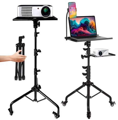 Prozipy Laptop & Projector Tripod Stand Adjustable Height 26 to 51” Wheely Portable Laptop Stand With Gooseneck Phone Holder - For Movie, Meeting, Book, DJ Equiqment