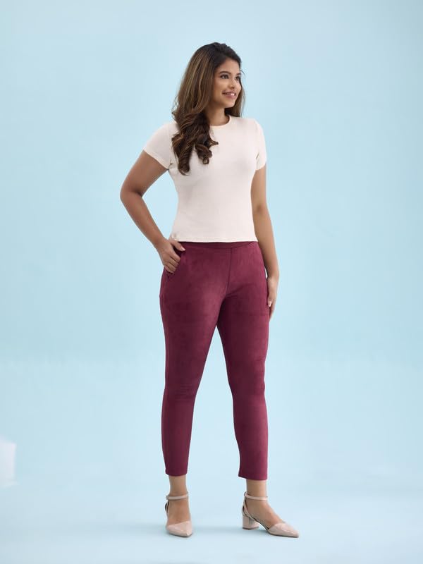 Image of GO COLORS Women Solid Mid Rise Suede Treggings