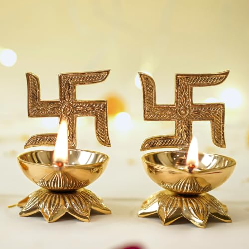 Image of Behoma 100% Pure Brass Swastik Diya Set of 2 for Puja | Traditional Handcrafted Brass Oil Lamp Diya for Home, Temple, Office, Pooja Room Decoration, Festive Rituals & Housewarming Gift Item