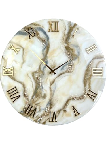 Image of Handmade Resin Wall Clock with Roman Numerals - Luxury Marble Effect Designer Wall Clock with Gold Finish, Silent Quartz Movement, Modern Home & Office Decor (White Golden)