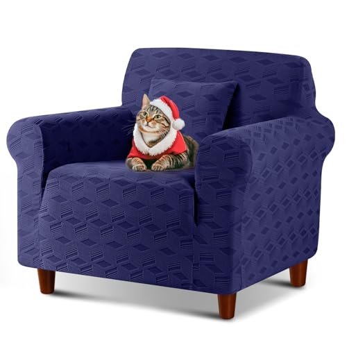 Image of TAOCOCO Stretch Chair Slipcover, 1Piece Non Slip Armchair Cover Washable Chair Sofa Slipcover with 1PCS Throw Pillow Cover, Jacquard Furniture Protector for Pets Dog(1 Seater,Dark Blue)