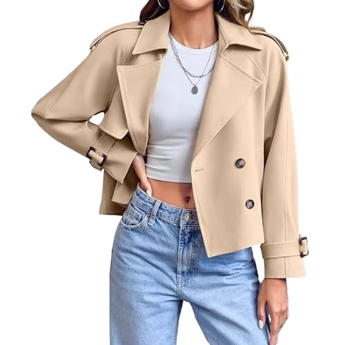 Trench-coat court croisé pour femme, revers crantés, manches raglan, vestes de travail courtes, vêtements d'extérieur avec poches, automne