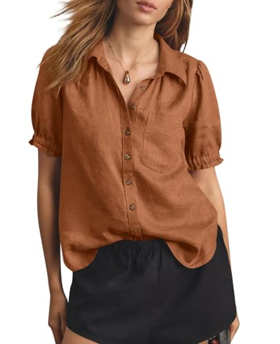 Cicy Bell Womens Puff Short Sleeve Button Down Shirts Summer Casual Collared V Neck Blouse Linen Loose Fit Work Tops