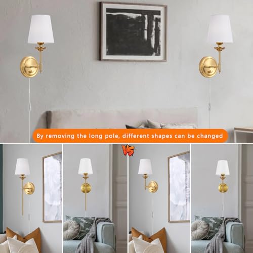 Image of Dimmable Plug in Wall Sconces Set of 2, Gold Bedside Wall Lamp with Knob Dimmer Switch and 6.5FT Electric Cord, Mid Century Modern Bathroom Wall Light Fixture for Bedroom Living Room