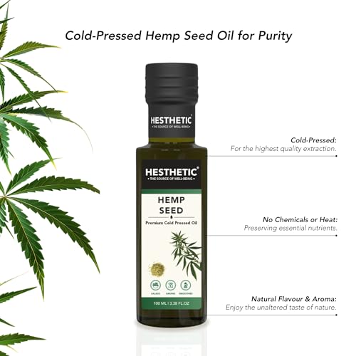 Image of HESTHETIC Cold Pressed Hemp Seed Oil 100ml | Unrefined Virgin Food-Grade Hemp Seed Extract | Rich in Plant Omega-3 & Omega-6 | Salad-Drizzle & Finishing Use | Glass Bottle