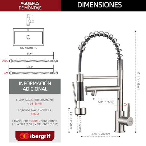 Miniatura 8 de Ibergrif M22144a Grifo Profesional Cocina Con Ducha Extraíble, Mezclador De Fregadero, Acero Inoxidable