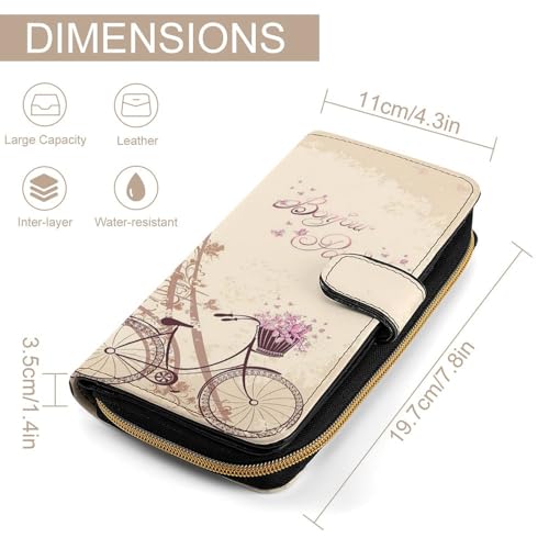 Nugier Women Soft PU Leather Wallet, Zipper Card Case Clutch Credit Bills Money Crash Coin 7.8x4.3x1.4 in Holder Purse Print Vintage Retro Eiffel Tower Bicycle Lavender Flowers2
