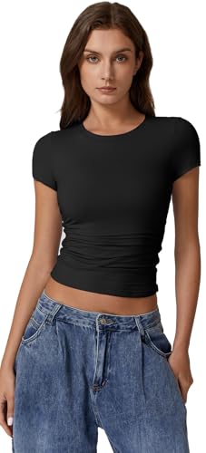 QINSEN Short Sleeve Shirts for Women Round Neck Basic Double Lined Tees Fitted Y2k Crop Tops4
