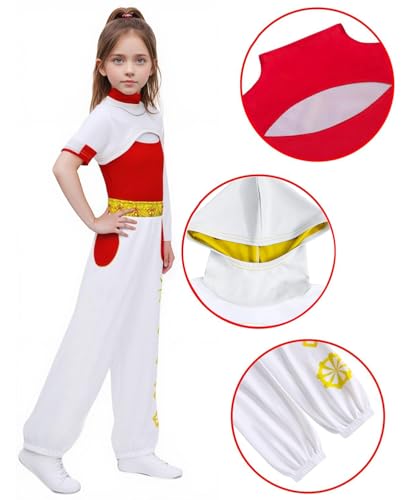 Girls Cheerleader Athletic Clothing Set Uniform Outfit White Hooded Sweatshirt Red Mesh Top and Pants 3PC4