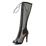 JOEUSTY Sexy Knee High Boots Sandals For Womens Peep Toe Lace Up Stilettos High Heels Gladiator Dressy Heeled Sandal Black 8 M US