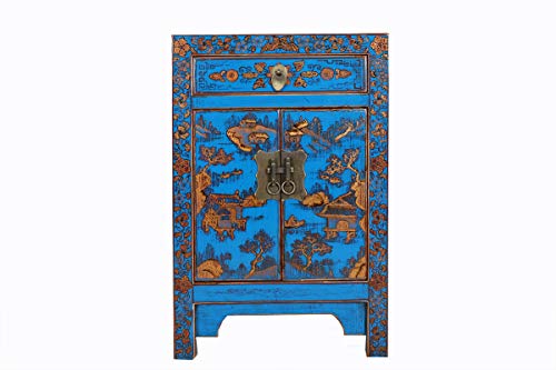 Yajutang - Mesita de Noche (Pintada a Mano), diseño de símbolo de la Suerte del Paisaje, Color Azul