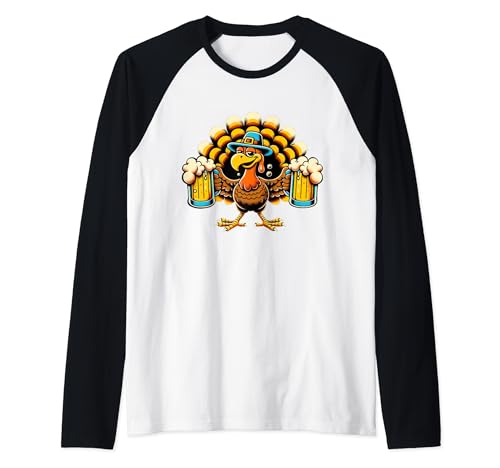 Pavo de Acción de Gracias para amantes de la cerveza, diseño de bebida navideña Camiseta Manga Raglan