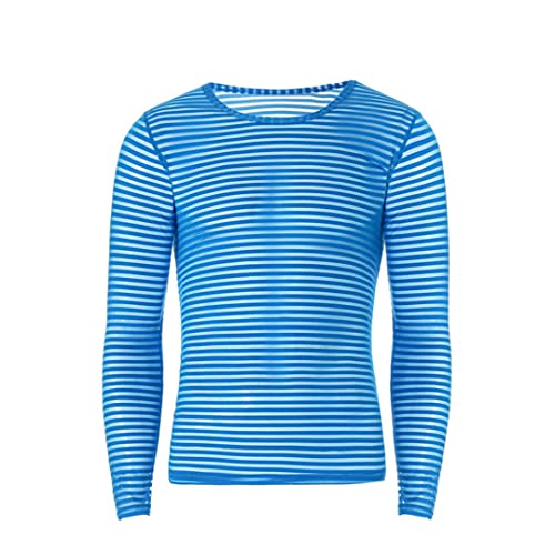 Sexy Mesh T Shirt Mens Transparent Long Sleeve See Through Striped Sleep Undershirts Perform Top Tees Nightwear