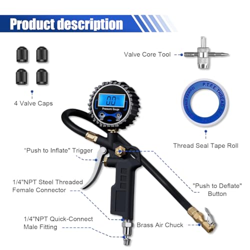 Image of Digital Tire Pressure Gauge with Inflator - 250 PSI Heavy Duty Tire Inflator with Gauge & Quick Connect Coupler - Car Tire Air Chuck and Compressor Accessories - 0.1 Display Resolution (1 Pack)