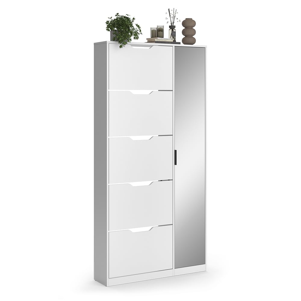 Vicco Zapatera abatible Luca, Blanco, 90 x 180.5 cm con 5 compartimentos basculantes y espejo