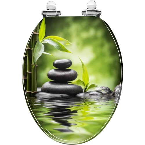 Elongated Toilet Seat Zen basalt stones bamboo Resin Toilet Seat with Quietly Close Quick Release Hinges Decorative Toilet Seat with Cover Easy to Clean and Install Yoga Spa Bathroom Decor