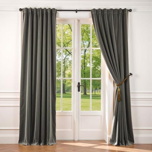 Image of Grey Velvet Curtains Modern Luxury Rod Pocket 62x84 Inch 2 Panels | Soft Velvet, Room Darkening, For Bedroom & Living Space, Light Shifting Texture, Elegant Drape, Cozy