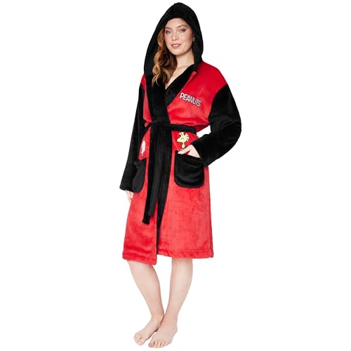 Peanuts Snoopy Bata Polar con Capucha, Bolsillos y Cintura con Lazo para Mujer (Rojo/Negro, L)
