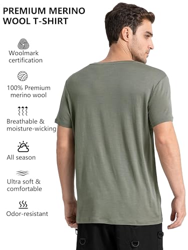 innotree Men's Merino Wool T-Shirt, 100% Organic Merino Wool Undershirt Lightweight Crew Short Base Layer for Hiking,Dark Green,Large2