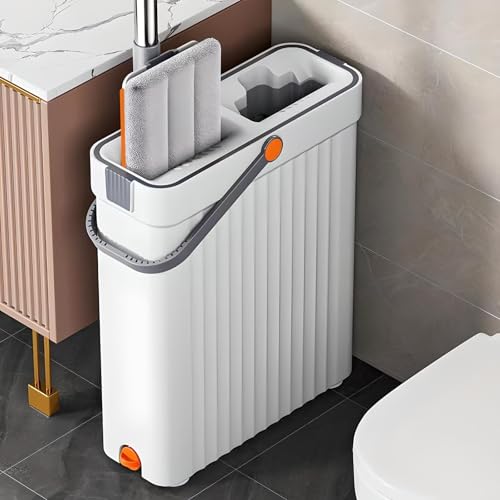 Image of Flat Mop Set with Dual-Chamber Bucket | Wet & Dry Mopping | 360 Rotating Microfiber Head | Hands-Free Wringing | Lightweight ABS for Tile, Marble, Wooden & Laminate Floors