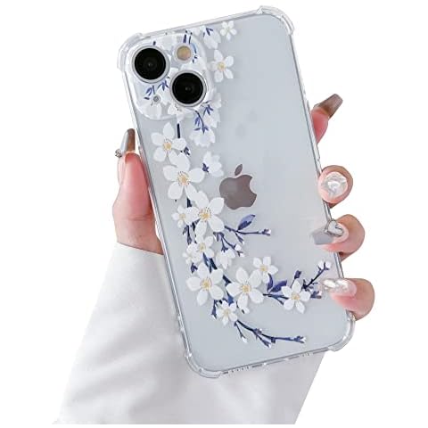 DEFBSC Soft Case Compatible with iPhone 14, Clear Floral Flower Pattern Print Design Flexible TPU Shockproof Cover for Women Girls,Flower Protective Phone Case, White Pear Blossom Cover
