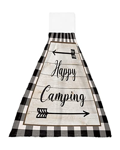 1 Pcs Kitchen Hand Towels, Black Happy Camping Arrow Soft Plush Hanging Tie Towels With Loop For Kitchen Bathroom Dish Cloth Tea Bar Towel Black White Checkered Frame #TOP8