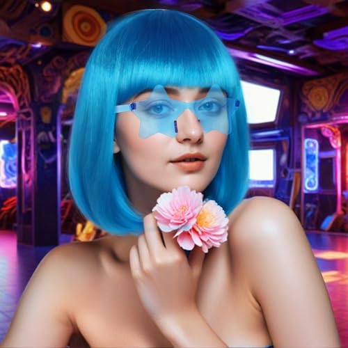 Image of ANOGOL Blue Bob Wig with Bangs Light Blue Wigs for Women Colored Wigs Party | Hair Cap+Sunglasses Short Neon Wig for Bachelorette Party Funny Outfit for Women Halloween Costume Night Club Crazy Hair Day