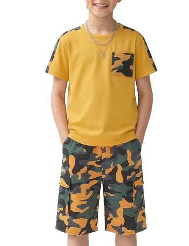 Image of mksodopy Boys Summer Outfit Set 2 Piece T Shirt and Camo Shorts Casual Clothes for Little Big Boys 5-16