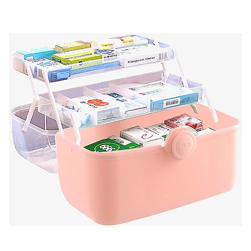 Image of First Aid Medicine Box, 3-Tier Fold Tray Medicine Storage Containers, Multipurpose Empty Portable Storage Box, Sewing Box, Tool Box for Keeping Tools, Jewelry, Arts, Sewing, First Aid Kits [Pink]