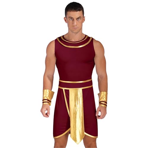 Jhaoyu Disfraz de dios griego para hombre, disfraz de faraón egipcio, disfraz retro romano para adultos, túnica con accesorios, color burdeos, 3XL