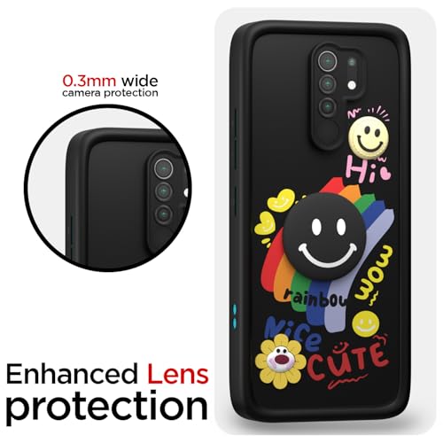 Image of Pikkme Back Cover for Redmi 9 Prime /Poco M2 | Soft Silicone| Cute Rainbow Smile & 3D Cartoon Flower Design | Shockproof Raised Camera Protection Bumper Case (Black)
