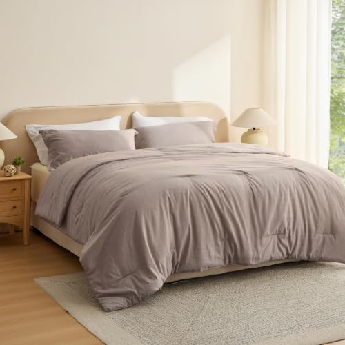 Image of Bedsure Khaki King Size Comforter Set - Soft Bedding for All Seasons, Breathable Cationic Dyed Bed Set, 3 Pieces, 1 King Size Comforter (104 inchx90 inch) and 2 Pillow Shams (20 inchx36 inch+2 inch)