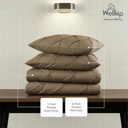 Image of Pinch Pleated Duvet Cover Set 1000TC 100% Cotton Premium 3-Pieces 1-Duvet Cover & 2-Pillow Cover Luxury Look Home and Hotel Zipper & 8-Tie Closure (Taupe, Super King 100 X 108 Inch)