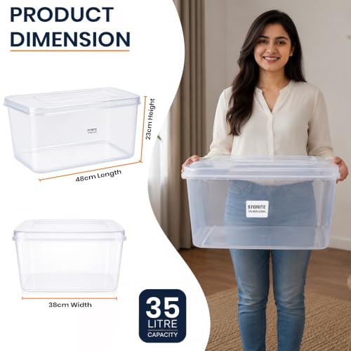Image of Storite 2 Pcs 35L Premium Plastic Storage Box with Lid-Stackable Organizer | Storage Box for Clothes, Kids Toys, Kitchen - Plastic Storage Container Basket for Home, Office, Bathroom(Transparent)