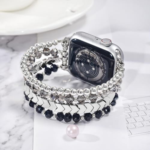 Image of MOFREE Beaded Bracelet Compatible for Apple Watch Band 38mm 40mm 41mm 42mm 44mm 45mm Women,Fashion Handmade Elastic Stretch Strap for iWatch Series SE 8 7 6 5 4 3 2 1