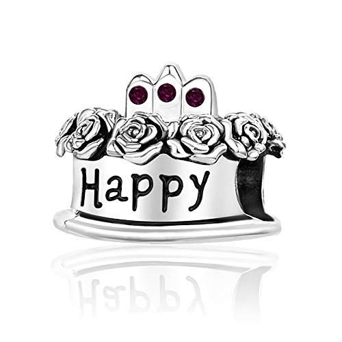 Image of Birthstones Happy Birthday Cake Charms Compatible with Pandora Charms Moments Bracelets Candle Crown Celebration Beads